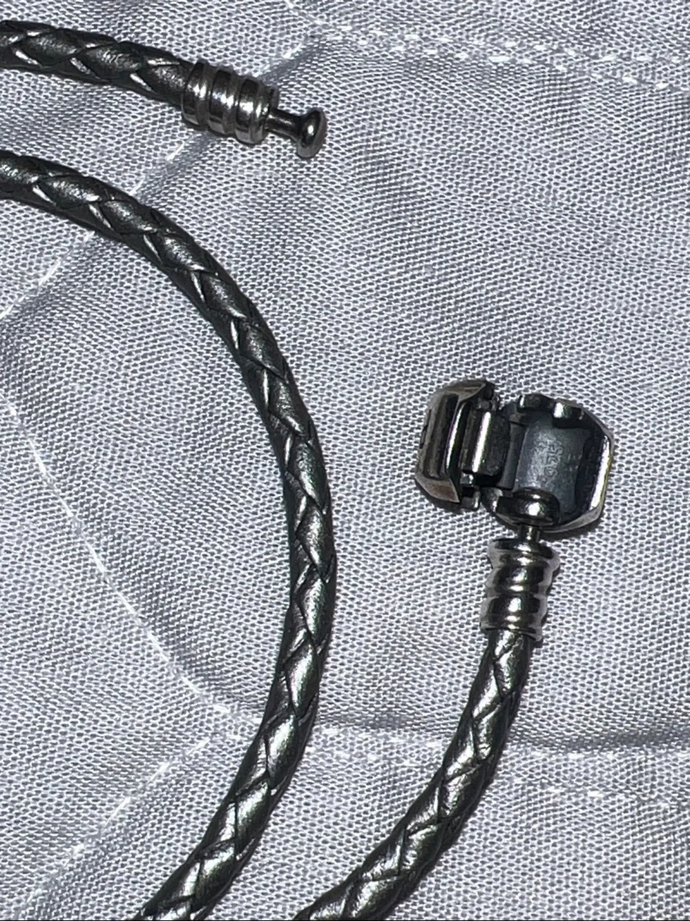Pandora Double Metallic Light Grey Leather Bracelet Sterling Silver 15”